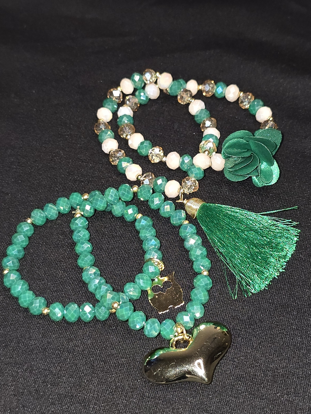Green Beaded Bracelet Set with Tassel, Rose & Heart Charms